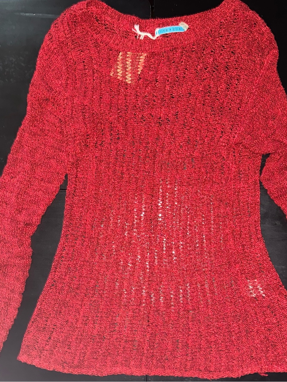 Alice + Olivia Open-Knit Red Crewneck Sweater